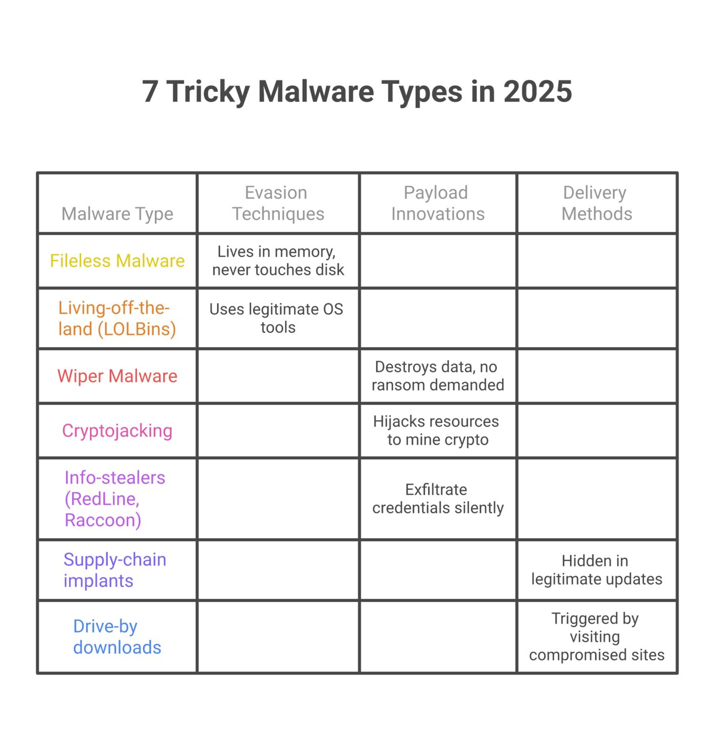 Categorized taxonomy of seven advanced 2025 malware types: fileless and LOLBins (evasion), wipers, cryptojacking, info-stealers (payload), supply-chain implants, drive-by downloads (delivery).
