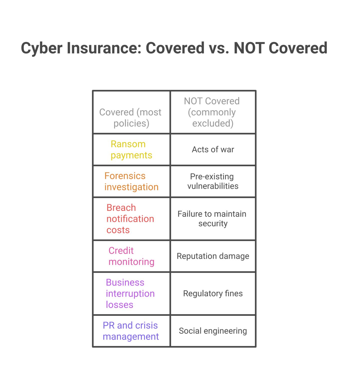 Two-column matrix showing what cyber insurance typically covers (ransom, forensics, notifications, monitoring, BI losses, PR) versus what's commonly excluded (acts of war, known vulnerabilities, reputation damage, social engineering).