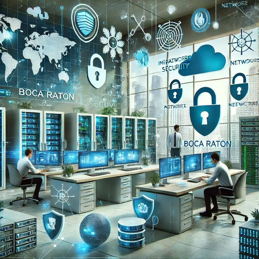 Futuristic office setting in Boca Raton showcasing cybersecurity and infrastructure services, with IT specialists working on servers, routers, and network devices. Screens display cybersecurity metrics, with floating digital locks, shields, and cloud icons symbolizing protection and security. The Boca Raton skyline is visible through large windows, representing local cybersecurity and infrastructure services.