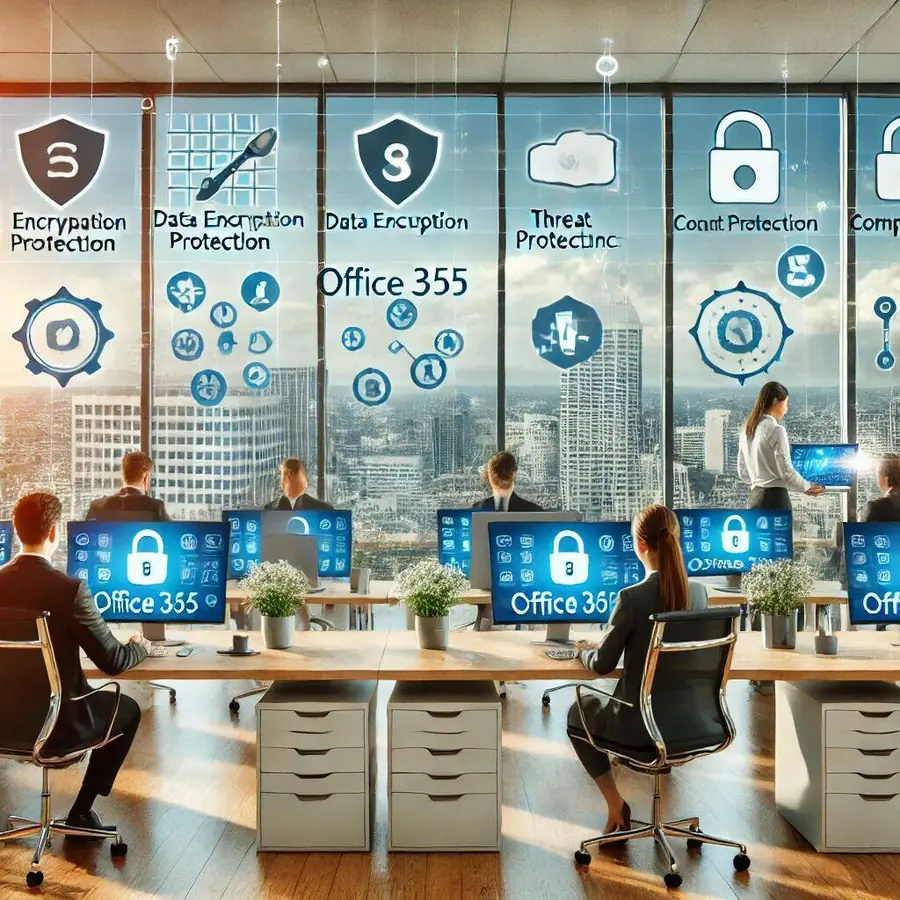 Professional office environment in Boca Raton focused on Office 365 security and compliance, with employees working on computers displaying Office 365 dashboards. Digital icons of locks, shields, and compliance checkmarks float around, symbolizing encryption, threat protection, and data compliance. The Boca Raton skyline is visible through large windows, representing local Office 365 security services.