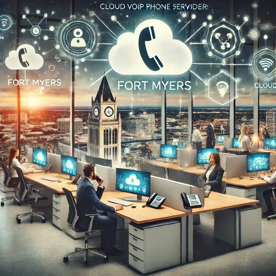 Modern office environment in Fort Myers showcasing Cloud VoIP phone service providers with people communicating via sleek VoIP phones. Digital icons of clouds and connection symbols float around, symbolizing cloud-based communication services. The Fort Myers skyline is visible through large windows, emphasizing local VoIP phone services connected to the cloud.