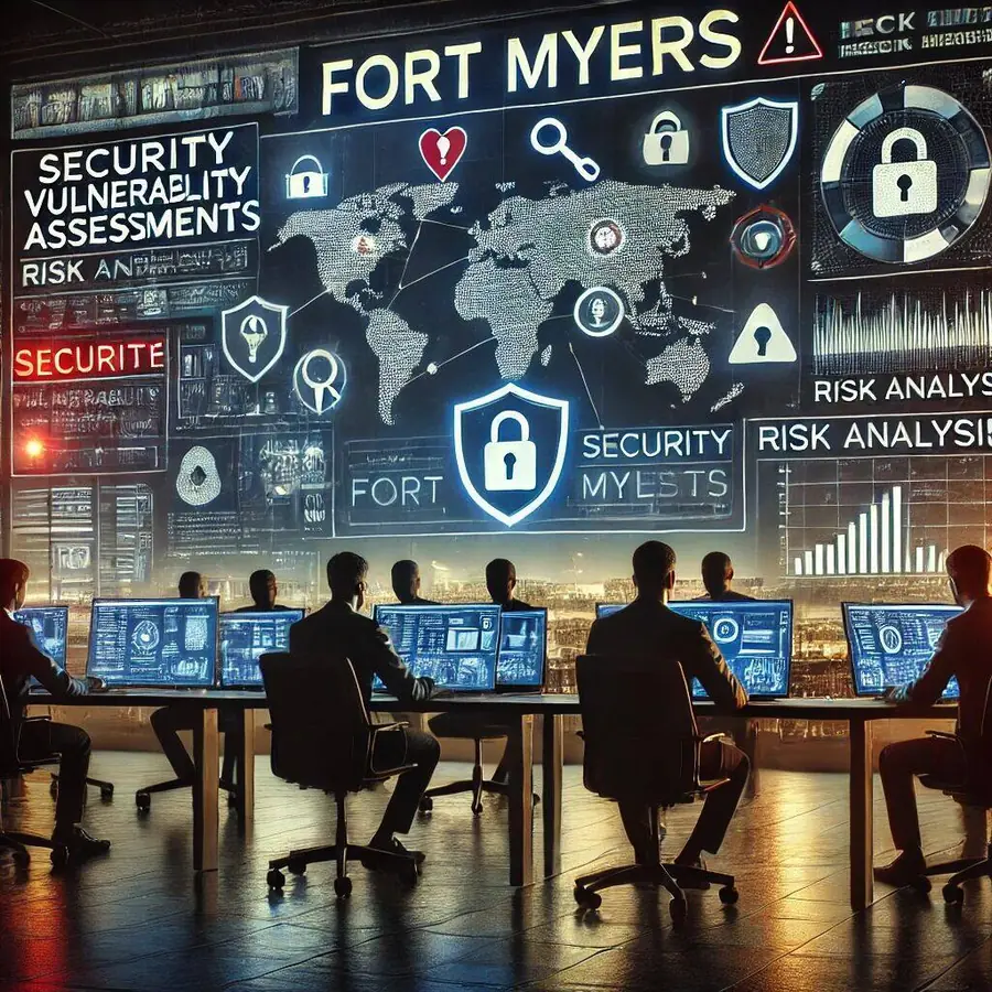 High-tech office setting in Fort Myers with IT professionals analyzing security vulnerability reports, risk analysis, and threat detection on multiple screens. Floating icons of shields, warning signs, and magnifying glasses symbolize vulnerability assessments and risk management. The Fort Myers skyline is visible through large windows, highlighting local expertise in security vulnerability assessments