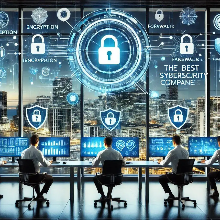 Modern high-tech office in Miami featuring IT professionals monitoring cybersecurity metrics like encryption, firewall management, and threat detection on multiple screens. Floating icons of locks, shields, and network connections symbolize cybersecurity services. The Miami skyline is visible through large windows, emphasizing local expertise in top cybersecurity solutions