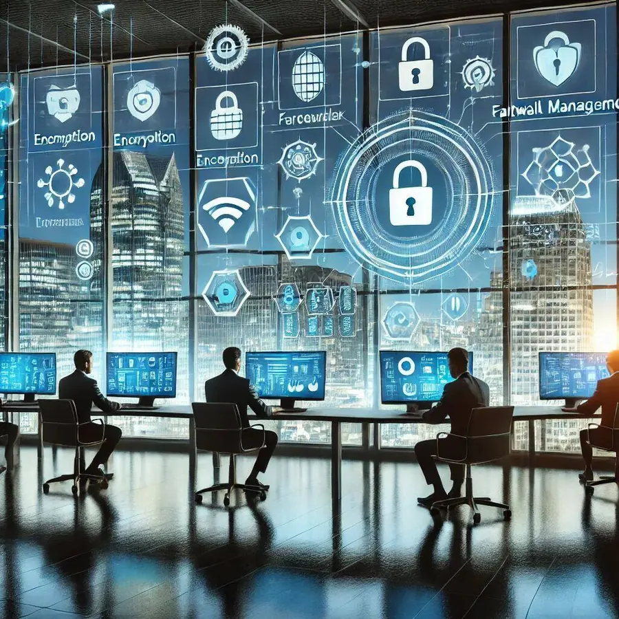 High-tech office environment in Raleigh with IT professionals monitoring screens displaying cybersecurity metrics like encryption, firewall management, and threat detection. Floating icons of locks, shields, and network connections represent security services. Large windows reveal the Raleigh skyline, emphasizing local cybersecurity expertise.