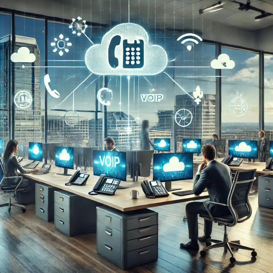Modern office environment in Raleigh featuring VoIP phone systems on desks, with employees using them for cloud-based communication. Floating icons of phones, clouds, and connection symbols represent VoIP services. Large windows reveal the Raleigh skyline, emphasizing local expertise in cloud VoIP services.