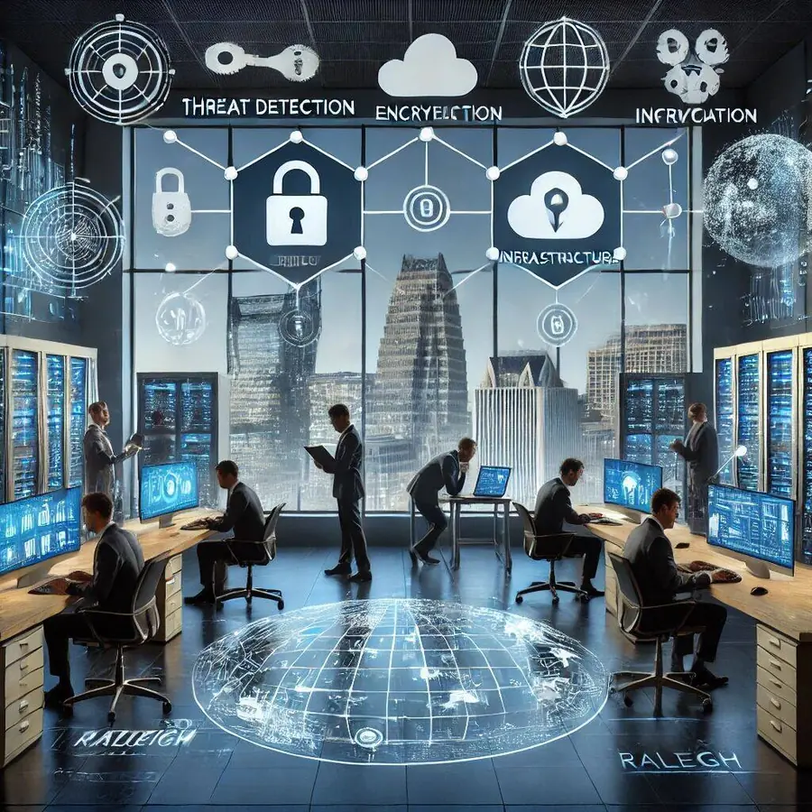 High-tech office environment in Raleigh with IT professionals working on network devices, servers, and security systems. Screens display cybersecurity metrics like threat detection and encryption. Floating icons of locks, shields, and network cables represent cybersecurity and infrastructure services. Large windows reveal the Raleigh skyline, highlighting local expertise.