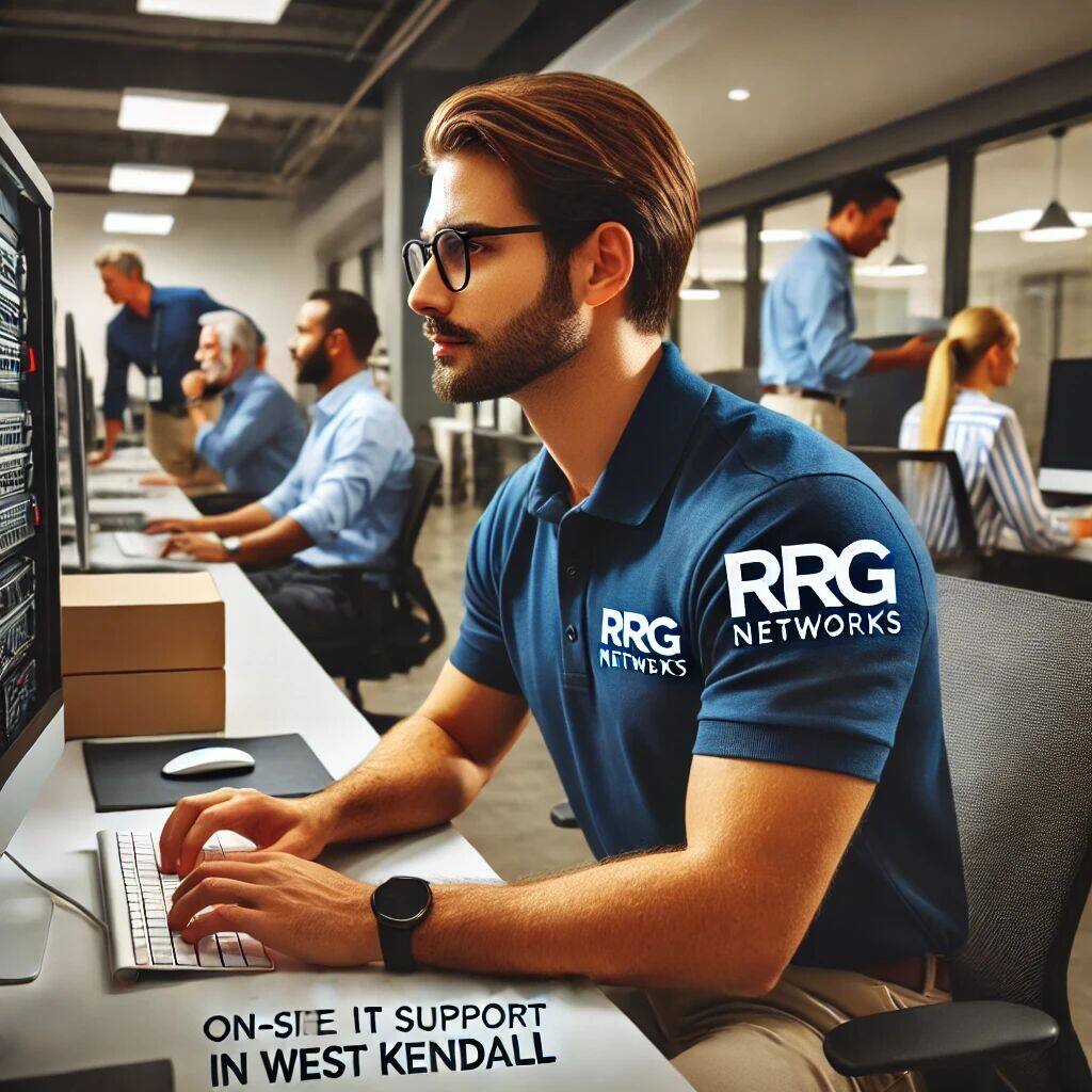 IT technician from RRG Networks providing on-site support in a West Kendall business office, working hands-on with computers and network equipment for reliable IT operations.