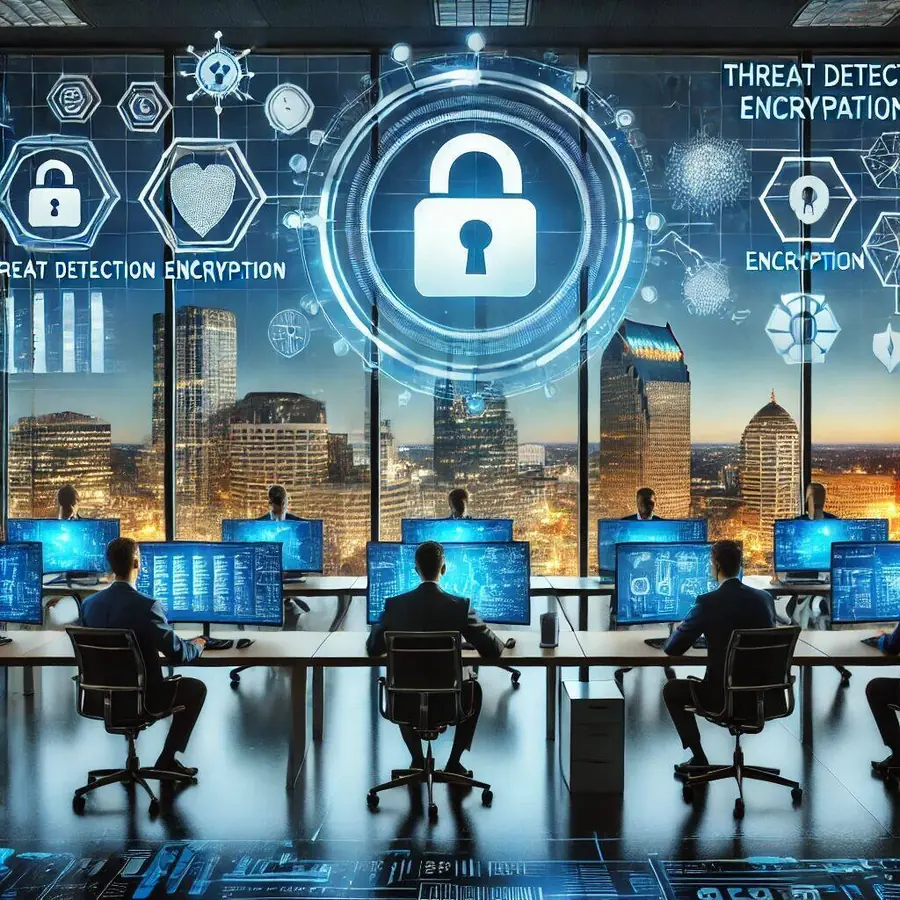 High-tech office in Tampa with IT specialists monitoring systems and analyzing security metrics like threat detection and encryption. Floating icons of locks, shields, and networks represent cybersecurity services. Large windows reveal the Tampa skyline, emphasizing local cybersecurity expertise.