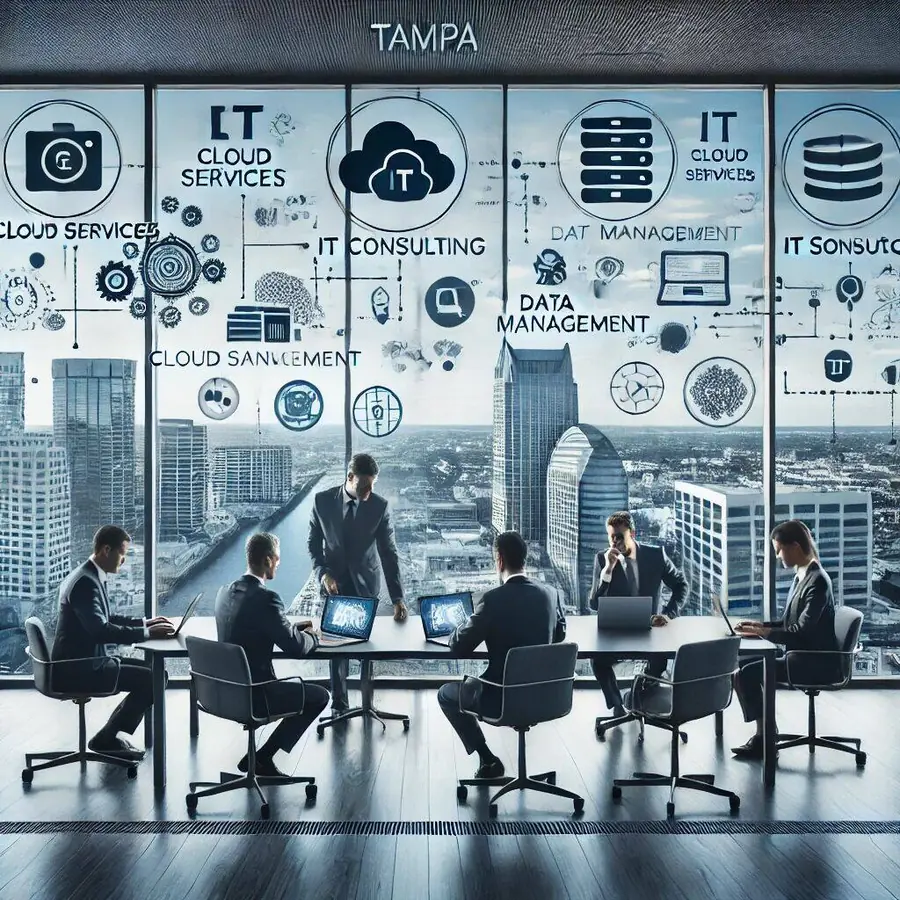 Modern office environment in Tampa with IT consultants collaborating on strategies and working on laptops and network devices. Floating icons of cloud services, data management, and IT solutions symbolize consulting services. Large windows reveal the Tampa skyline, emphasizing local expertise in IT consulting.