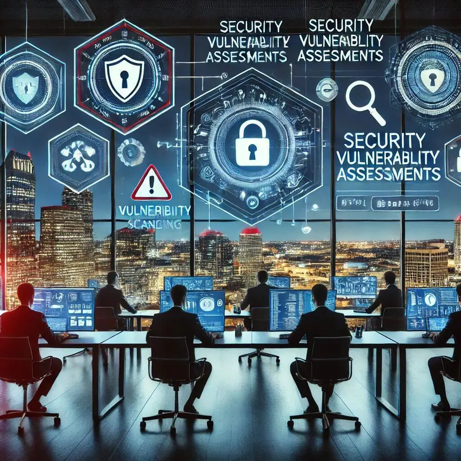 High-tech office environment in Tampa with IT professionals analyzing data on screens displaying security vulnerability reports, threat detection, and risk analysis. Floating icons of shields, warning signs, and magnifying glasses symbolize vulnerability assessments and protection. The Tampa skyline is visible through large windows, emphasizing local expertise.