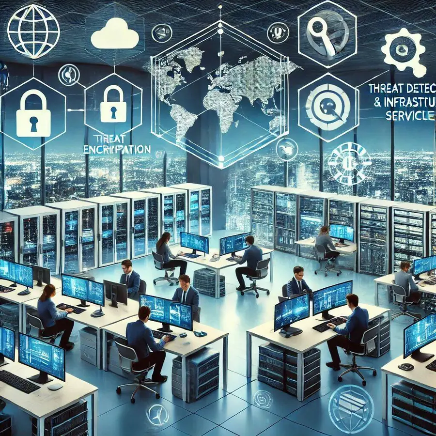 High-tech office environment in West Palm Beach with IT professionals working on network devices, servers, and security systems. Screens display cybersecurity metrics like threat detection and encryption. Floating icons of locks, shields, and network cables represent cybersecurity and infrastructure services. Large windows reveal the West Palm Beach skyline, emphasizing local expertise in technology solutions.